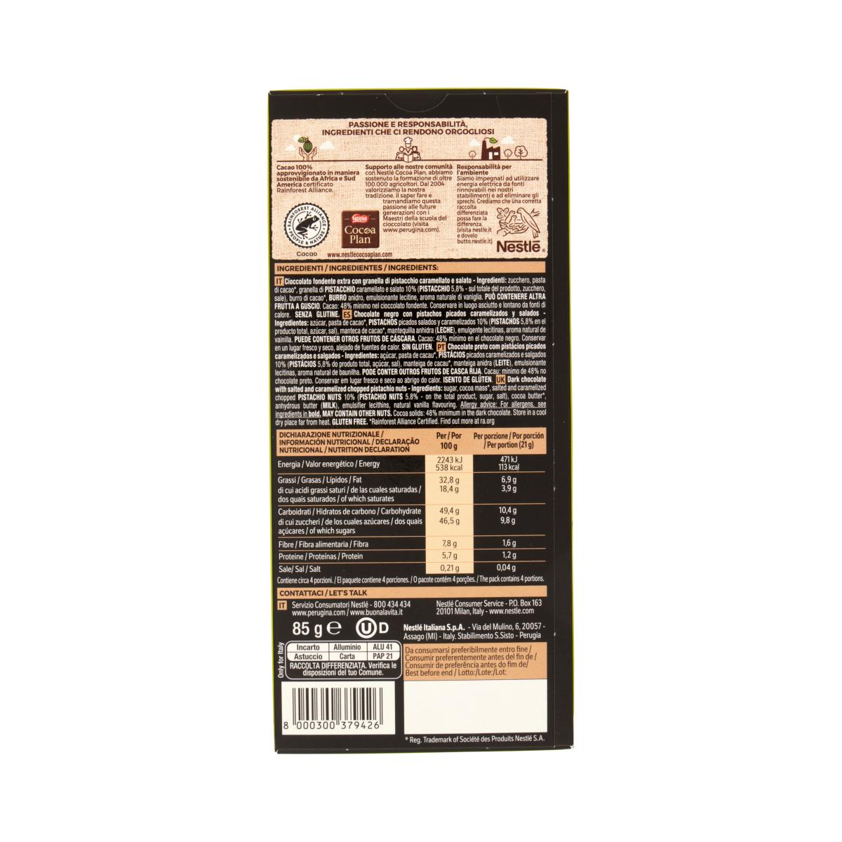 perugina tavoletta di cioccolato fondente extra nero perugina al pistacchio 85g - foto 2 perugina tavoletta di cioccolato fondente extra nero perugina al pistacchio 85g - foto 2