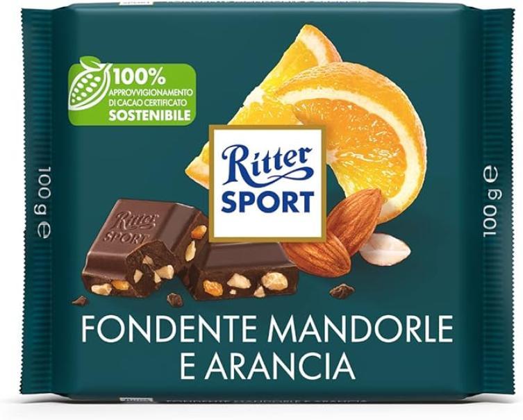 ritter sport tavoletta di cioccolato fondente con mandorle e arancia ritter sport 100g - foto 1 ritter sport tavoletta di cioccolato fondente con mandorle e arancia ritter sport 100g - foto 1