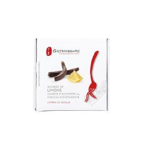 Scorze limone candito ricoperto cioccolato fondente  100 gr.