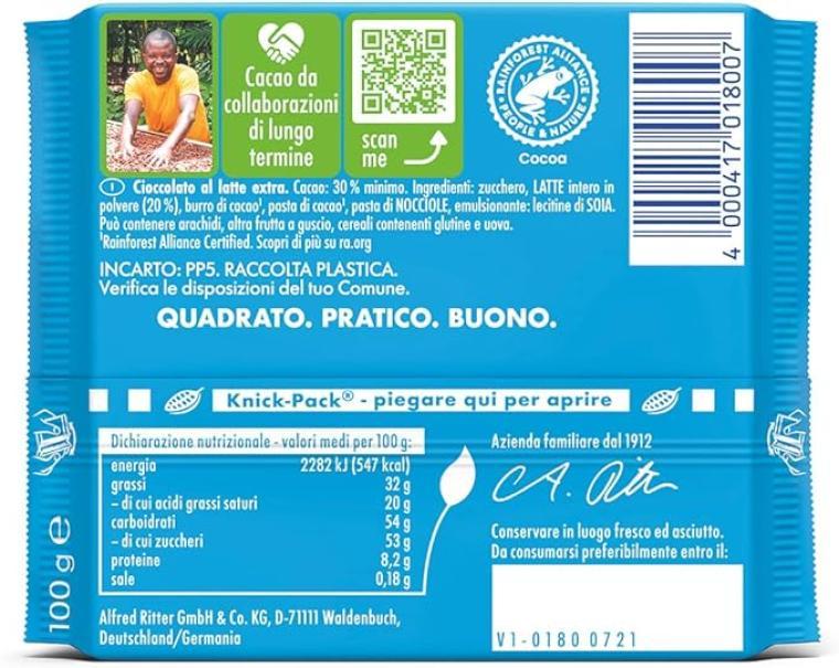 ritter sport tavoletta di cioccolato al latte delle alpi ritter sport 100 gr - foto 2