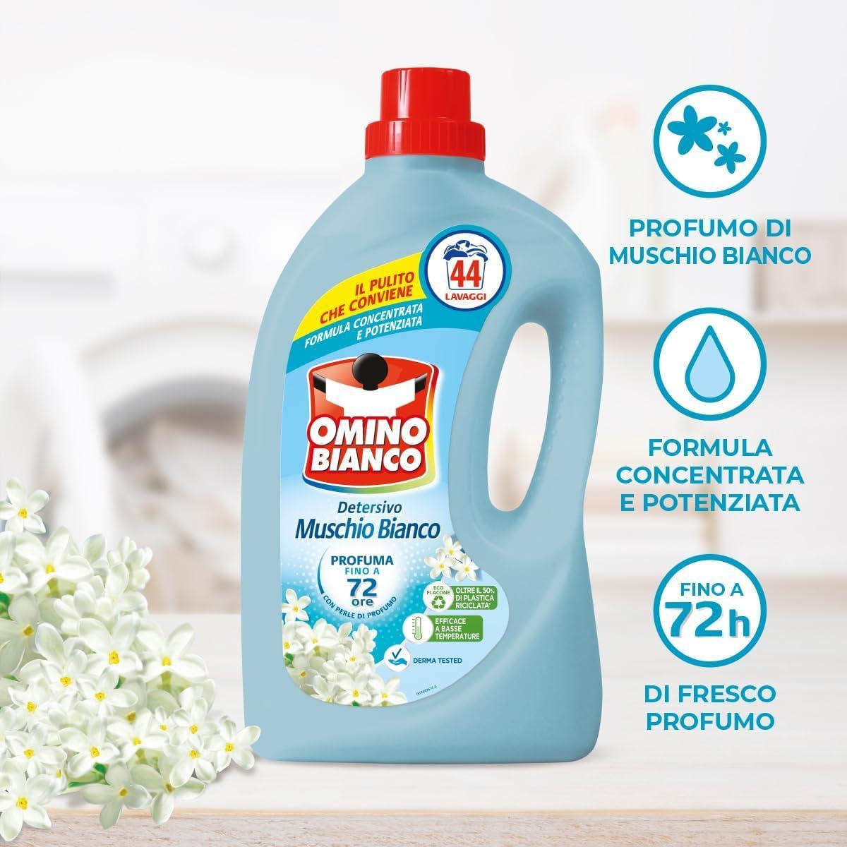 omino bianco detersivo lavatrice liquido 44 lavaggi fresco profumo con essenza di muschio bianco omino bianco 1,76 lt. - foto 2