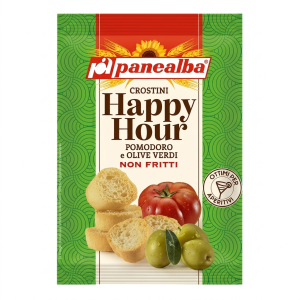 Crostini di pane tostati appetitosi al gusto pomodoro e olive verdi  50 gr.
