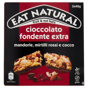 Barrette cioccolato fondente extra, mandorle, mirtilli e cocco  120 gr.