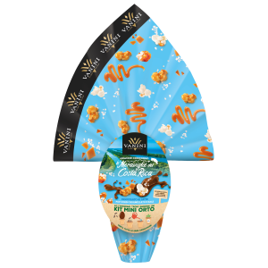 Uovo di pasqua di cioccolato al latte finissimo con popcorn e caramello salato  280 gr.