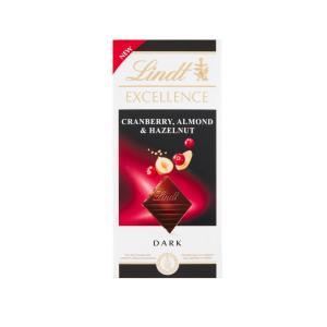 Barretta di cioccolato fondente con mirtilli rossi mandorle e nocciole  exellence 100 gr.