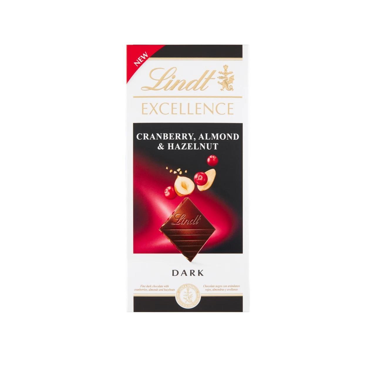 lindt barretta di cioccolato fondente con mirtilli rossi mandorle e nocciole lindt exellence 100 gr. - foto 1