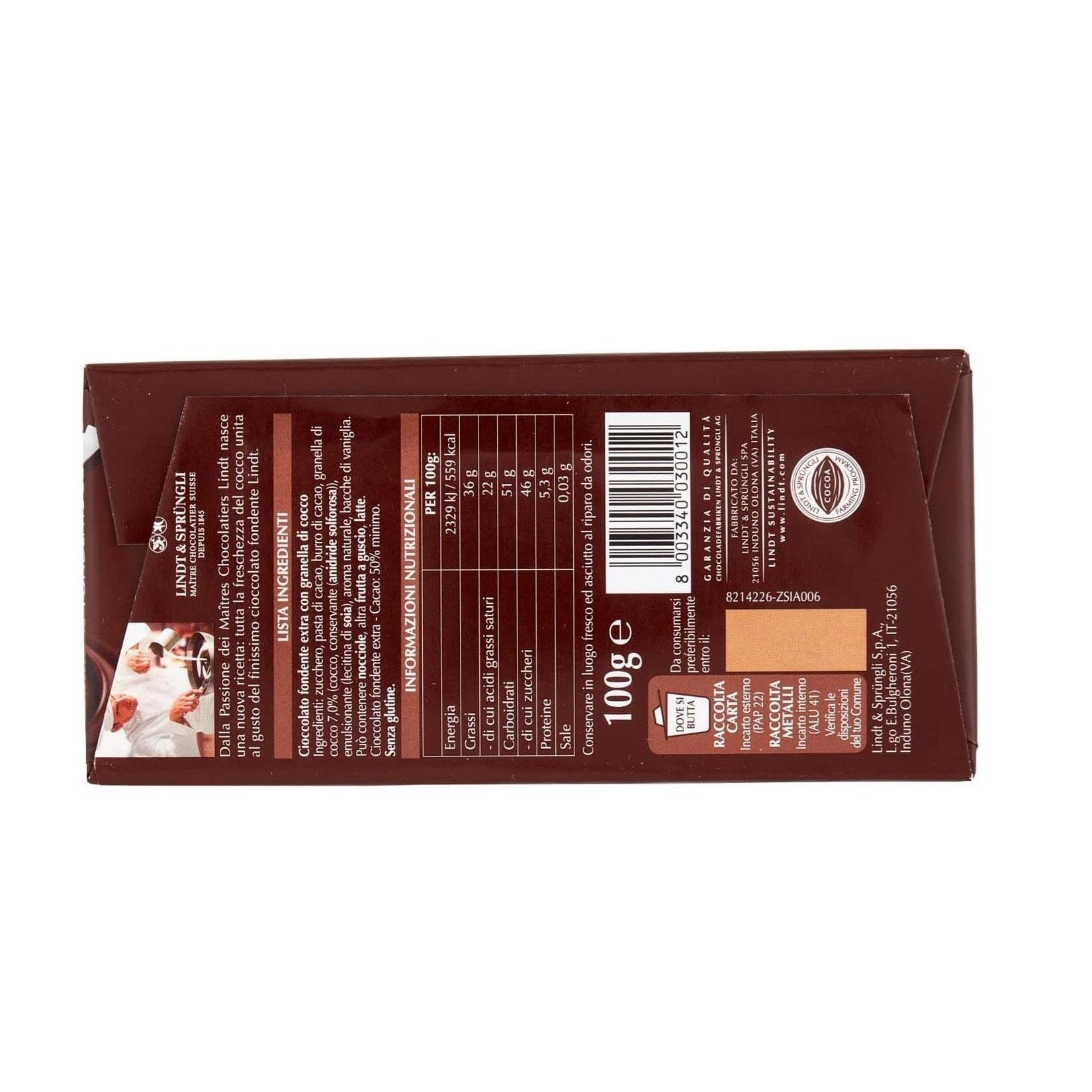 lindt tavoletta barra di cioccolato fondente e cocco lindt da 100 gr. - foto 2