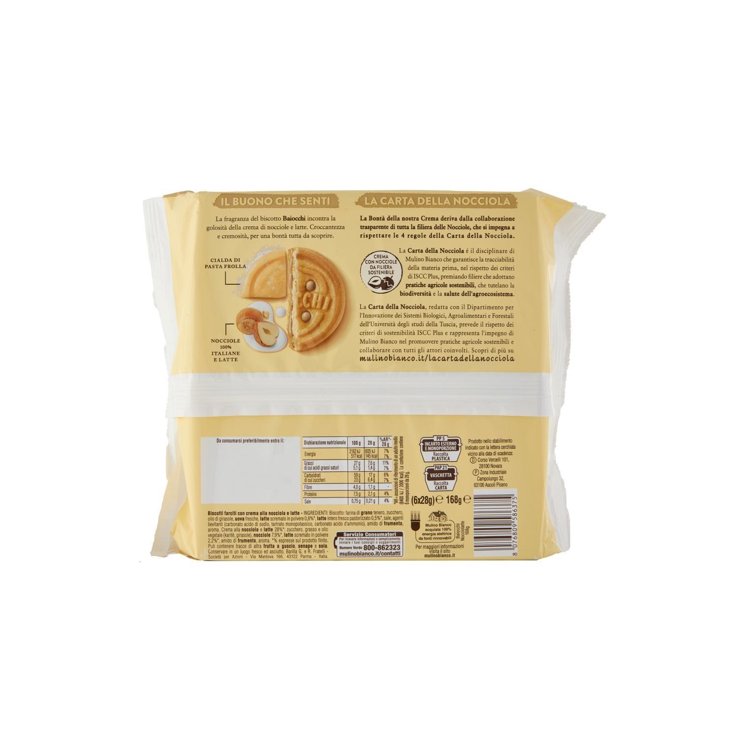 mulino bianco biscotti baiocchi snack farciti con crema nocciole 100% italiane e latte mulino bianco 168 gr. - foto 2