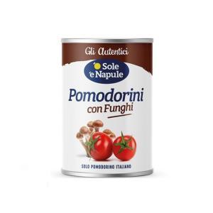 Pomodorini con funghi in lattina ricetta mediterranea pronta all' uso  da 400 gr.