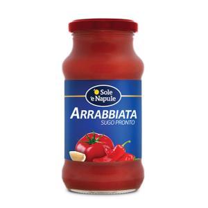 Sugo pronto all'arrabbiata con salsa di pomodoro italiana piccante con peperoncino o sole e napule da 350 gr.
