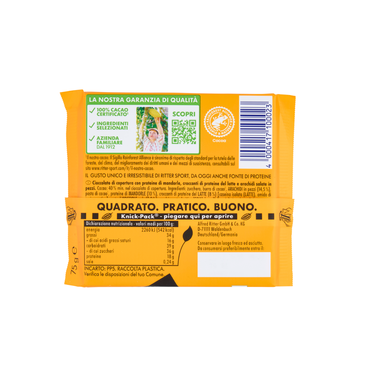 ritter sport tavoletta di cioccolato con arachidi croccanti e crisp di proteine ritter sport 75 gr. - foto 2