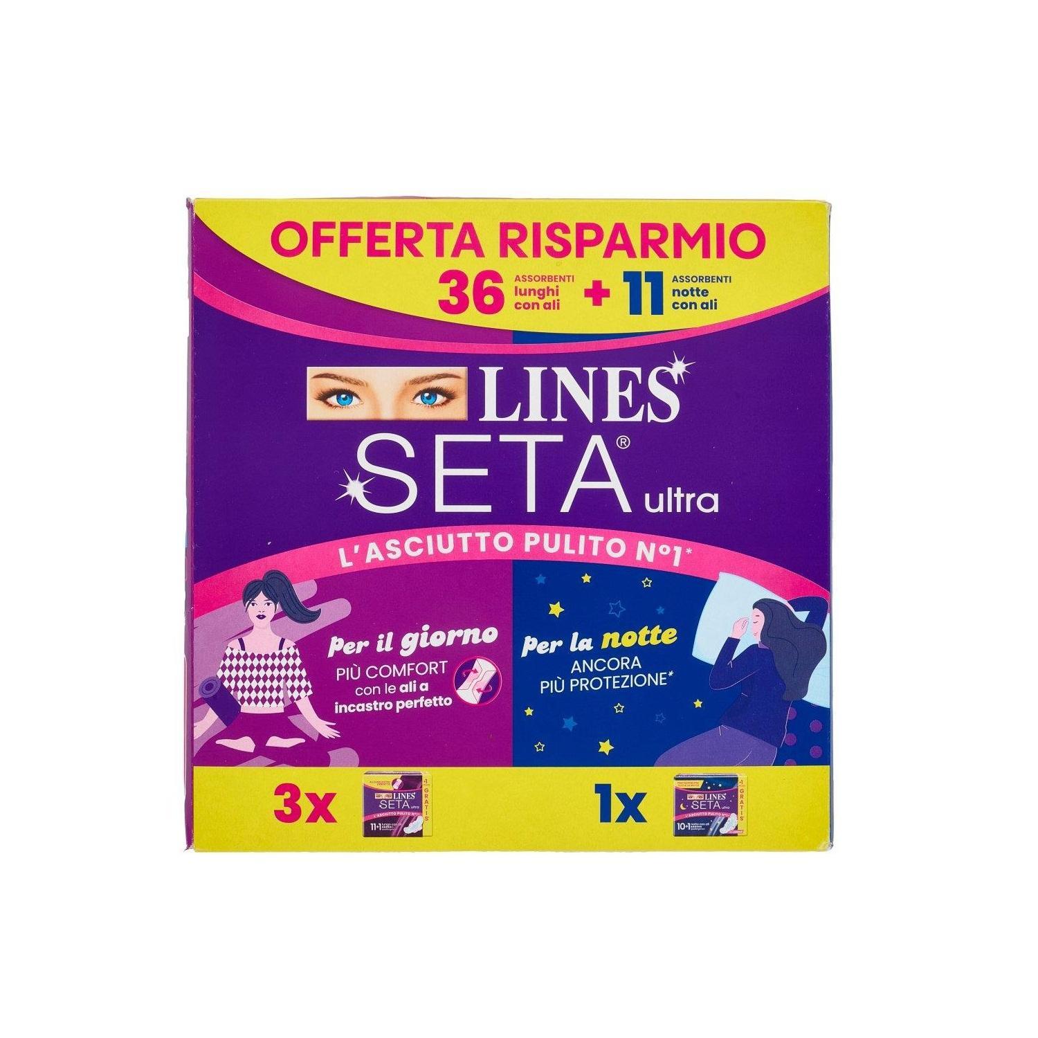 lines assorbenti lunghi con ali 36 pz. + assorbenti notte con ali lines seta ultra 11 pz. - foto 1