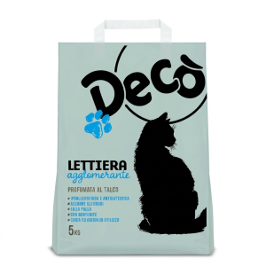 Lettiera agglomerante naturale per gatti profumata al talco deco 5 kg.