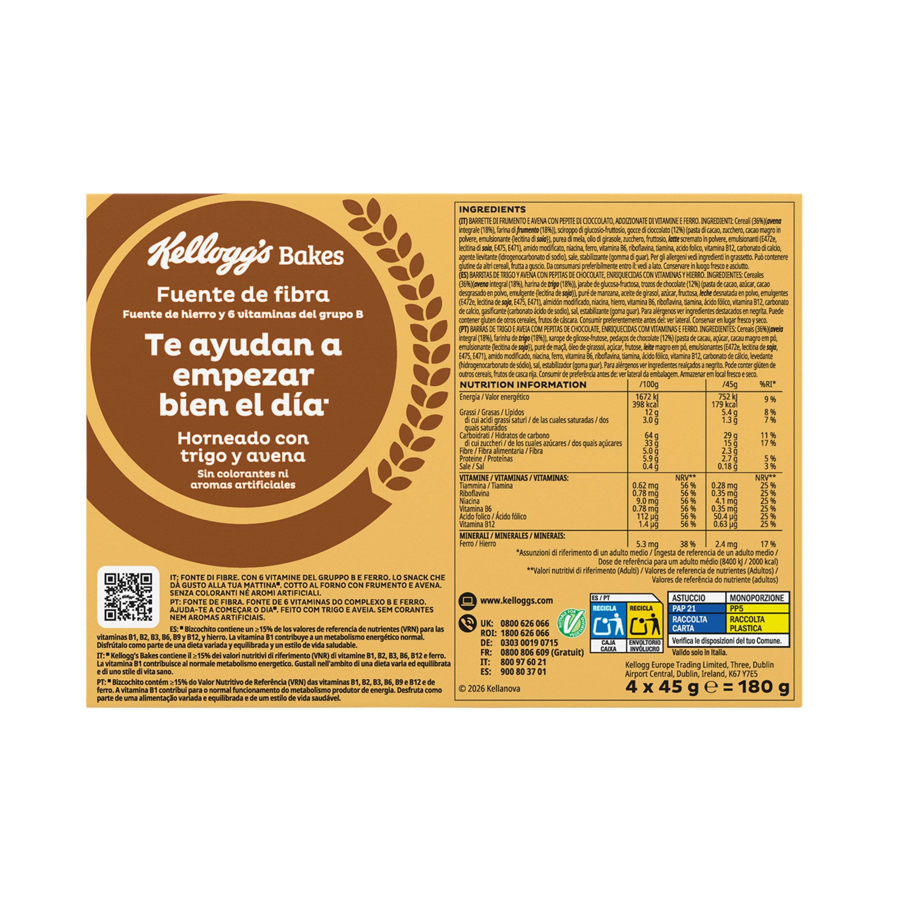 kellogg's barrette di cereali cotte al forno con pezzetti di cioccolato krave bakes kellogg's 180 gr. - foto 2