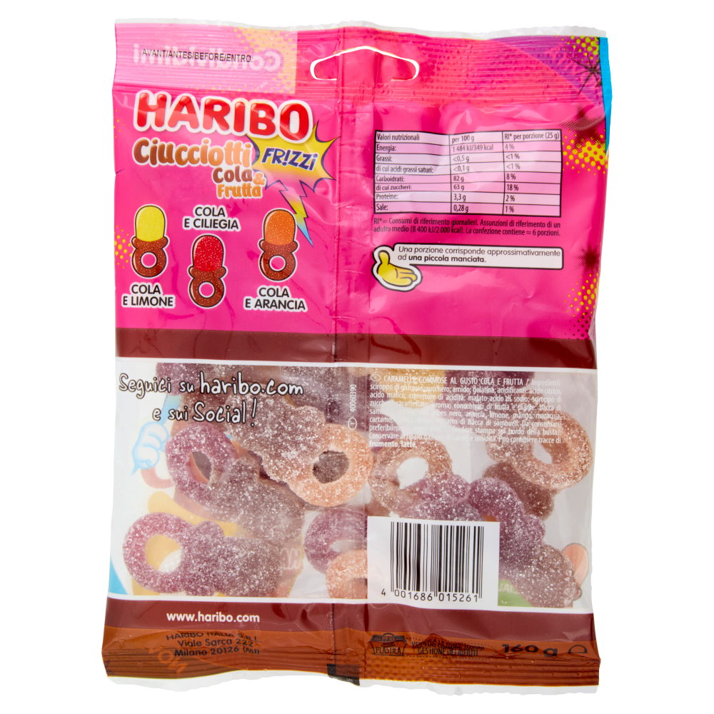 Haribo, CiucciFrizzi, CiucciottoHaribo, CaramelleGommose, CaramelleFrizzanti, GustoColaEFrutta, VogliaDiDolce, CaramelleHaribo, SnackGoloso, FesteECompleanni, Golositu00e0, GDO, Zibly, 160 GR., r haribo caramelle gommose ciuccio frizzanti cola e frutta haribo 160 gr. - foto 2